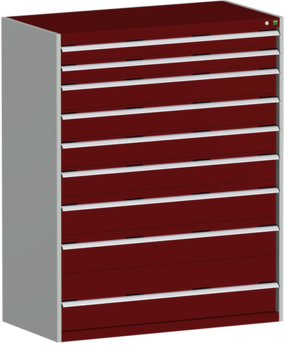 bott Armoire à tiroirs cubio surface de base 1300x650 mm, 9 tiroir(s), RAL7035 gris clair/RAL3004 rouge pourpre