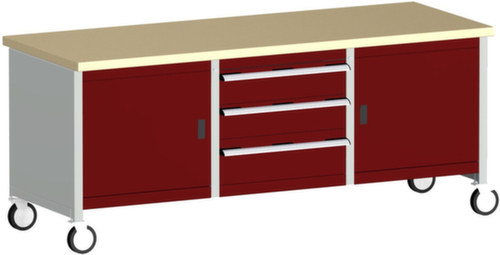 bott Bloc établi mobile cubio, 3 tiroirs, 2 armoires, RAL7035 gris clair/RAL3004 rouge pourpre  L