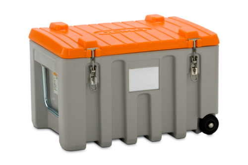 Cemo Boîte de rangement mobile avec accès pour les personnes en fauteuil roulant, capacité 150 l, gris/orange, couvercle rabattable  L