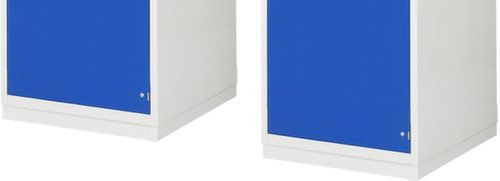 RAU établi Serie 7000 avec piètement en blocs à tiroirs, 4 tiroirs, 1 armoire, 1 étau, RAL7035 gris clair/RAL5010 bleu gentiane  L