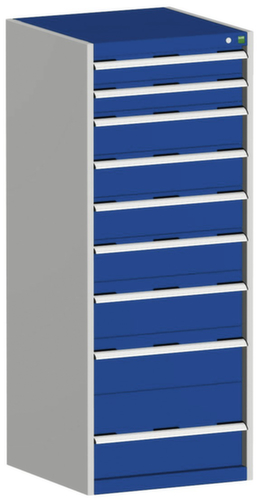 bott Armoire à tiroirs cubio surface de base 650x650 mm, 9 tiroir(s), RAL7035 gris clair/RAL5010 bleu gentiane