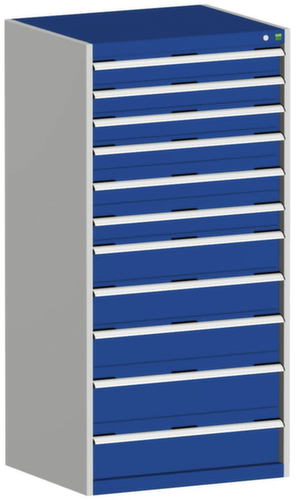 bott Armoire à tiroirs cubio surface de base 800x650 mm, 11 tiroir(s), RAL7035 gris clair/RAL5010 bleu gentiane