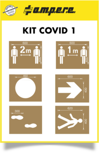 a.m.p.e.r.e. kit de pochoirs Covid1 pour le marquage au sol, distance de sécurité 1 et 2 m, cercle, flèche, passerelle, piétons  L