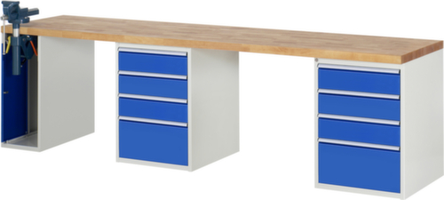 RAU établi Serie 7000 avec piètement en blocs à tiroirs, 8 tiroirs, 1 armoire, 1 étau, RAL7035 gris clair/RAL5010 bleu gentiane
