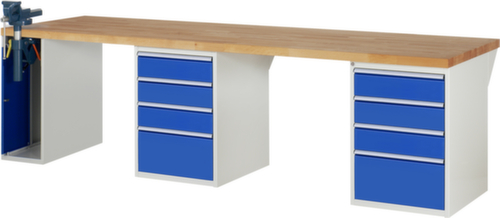 RAU établi Serie 7000 avec piètement en blocs à tiroirs, 8 tiroirs, 1 armoire, 1 étau, RAL7035 gris clair/RAL5010 bleu gentiane