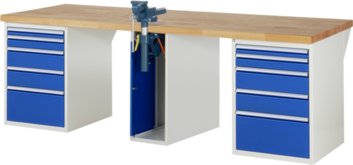 RAU établi Serie 7000 avec piètement en blocs à tiroirs, 10 tiroirs, 1 armoire, 1 étau, RAL7035 gris clair/RAL5010 bleu gentiane