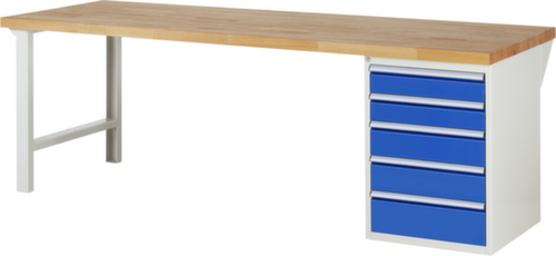 RAU établi Serie 7000 avec piètement en blocs à tiroirs, 5 tiroirs, RAL7035 gris clair/RAL5010 bleu gentiane