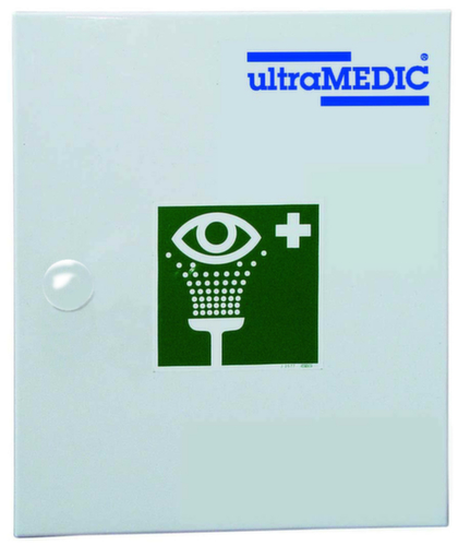 ultraMEDIC Armoire murale de protection des yeux ultraAQUA-SAFE, flacons lave-yeux, cache-œil, compresses, gants jetables, bandages non-tissés  L