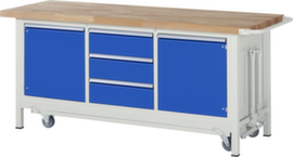 RAU établi Serie 8000 de type rabattable, 3 tiroirs, 2 armoires, 1 barre de poussée, RAL7035 gris clair/RAL5010 bleu gentiane