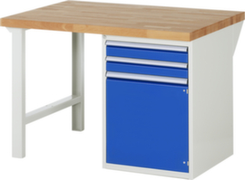 RAU établi Serie 7000 avec piètement en blocs à tiroirs, 2 tiroirs, 1 armoire, RAL7035 gris clair/RAL5010 bleu gentiane