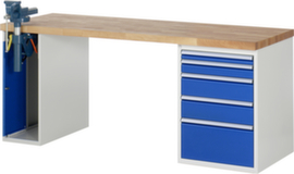 RAU établi Serie 7000 avec piètement en blocs à tiroirs, 5 tiroirs, 1 armoire, 1 étau, RAL7035 gris clair/RAL5010 bleu gentiane