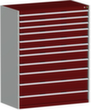 bott Armoire à tiroirs cubio surface de base 1300x650 mm, 11 tiroir(s), RAL7035 gris clair/RAL3004 rouge pourpre