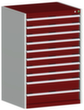 bott Armoire à tiroirs cubio surface de base 800x750 mm, 10 tiroir(s), RAL7035 gris clair/RAL3004 rouge pourpre