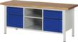 RAU établi à hauteur réglable Serie 8000 avec plateau en hêtre, 2 tiroirs, 2 armoires, 1 tablette, RAL7035 gris clair/RAL5010 bleu gentiane