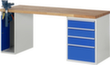 RAU établi Serie 7000 avec piètement en blocs à tiroirs, 4 tiroirs, 1 armoire, 1 étau, RAL7035 gris clair/RAL5010 bleu gentiane