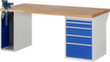 RAU établi Serie 7000 avec piètement en blocs à tiroirs, 5 tiroirs, 1 armoire, 1 barre de poussée, RAL7035 gris clair/RAL5010 bleu gentiane
