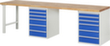 RAU établi Serie 7000 avec piètement en blocs à tiroirs, 12 tiroirs, RAL7035 gris clair/RAL5010 bleu gentiane