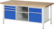 RAU Établi à hauteur réglable Serie 8000, 3 tiroirs, 2 armoires, 2 tablettes, RAL7035 gris clair/RAL5010 bleu gentiane