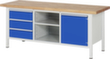 RAU Établi à hauteur réglable Serie 8000, 3 tiroirs, 1 armoire, 1 tablette, RAL7035 gris clair/RAL5010 bleu gentiane