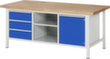 RAU Établi à hauteur réglable Serie 8000, 3 tiroirs, 1 armoire, 1 tablette, RAL7035 gris clair/RAL5010 bleu gentiane