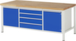 RAU Établi à hauteur réglable Serie 8000, 4 tiroirs, 2 armoires, RAL7035 gris clair/RAL5010 bleu gentiane