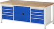 RAU Établi à hauteur réglable Serie 8000, 8 tiroirs, 1 armoire, RAL7035 gris clair/RAL5010 bleu gentiane