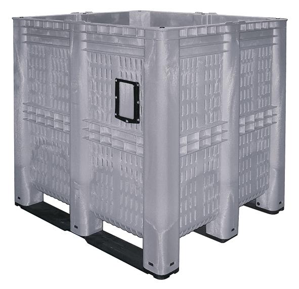 Méga-container 7 fois empilable + parois perforées, capacité 1400 l, gris, patins  ZOOM