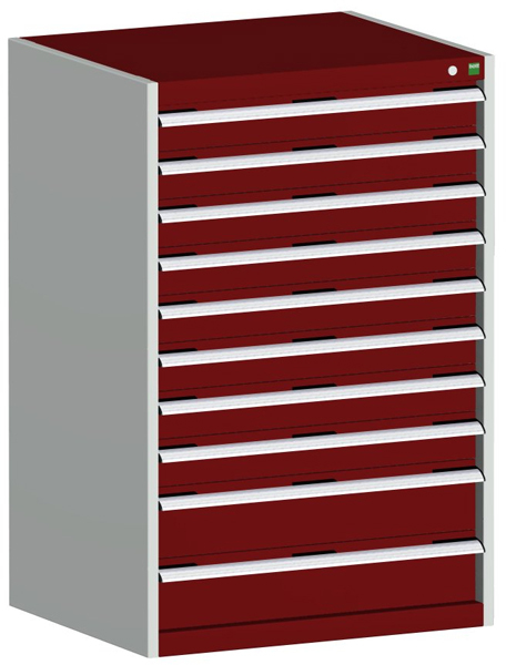 bott Armoire à tiroirs cubio surface de base 800x750 mm, 10 tiroir(s), RAL7035 gris clair/RAL3004 rouge pourpre