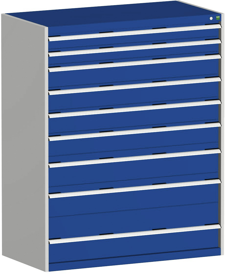 bott Armoire à tiroirs cubio surface de base 1300x750 mm, 9 tiroir(s), RAL7035 gris clair/RAL5010 bleu gentiane