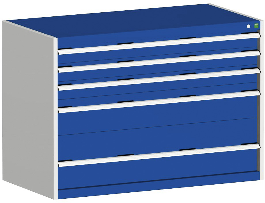 bott Armoire à tiroirs cubio surface de base 1300x750 mm, 5 tiroir(s), RAL7035 gris clair/RAL5010 bleu gentiane