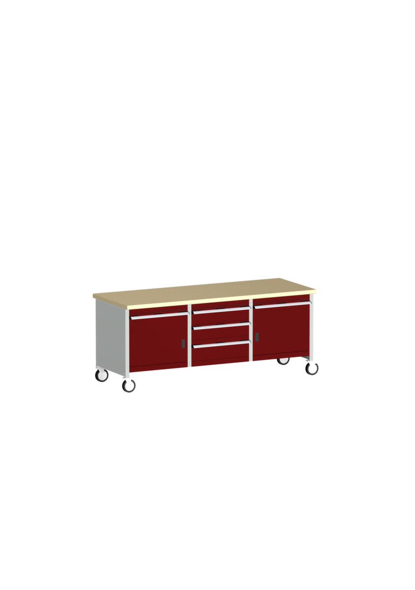 bott Bloc établi mobile cubio, 5 tiroirs, 2 armoires, RAL7035 gris clair/RAL3004 rouge pourpre  ZOOM