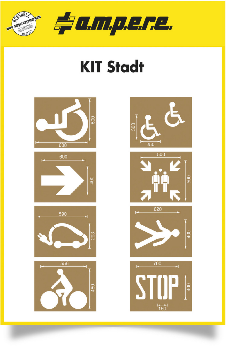 a.m.p.e.r.e. kit de pochoirs Stadt pour le marquage au sol, fauteuil roulant, flèche, point de rassemblement, station de recharge, piétons, vélos, stop  ZOOM