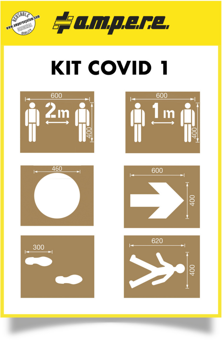 a.m.p.e.r.e. kit de pochoirs Covid1 pour le marquage au sol, distance de sécurité 1 et 2 m, cercle, flèche, passerelle, piétons  ZOOM