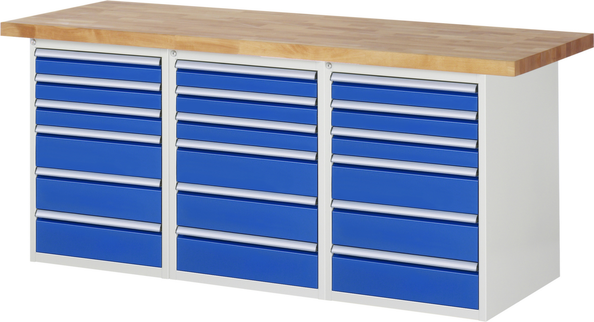RAU établi Serie 7000 avec piètement en blocs à tiroirs, 18 tiroirs, RAL7035 gris clair/RAL5010 bleu gentiane