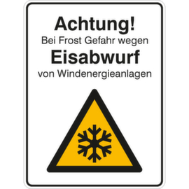 panneau indicateur SafetyMarking®, « Attention ! En période de gel Danger de projection de glace par les éoliennes »